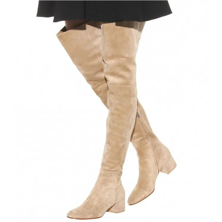 Women's grey suede over-the-knee flat boots with pointed toes and low thick heel
