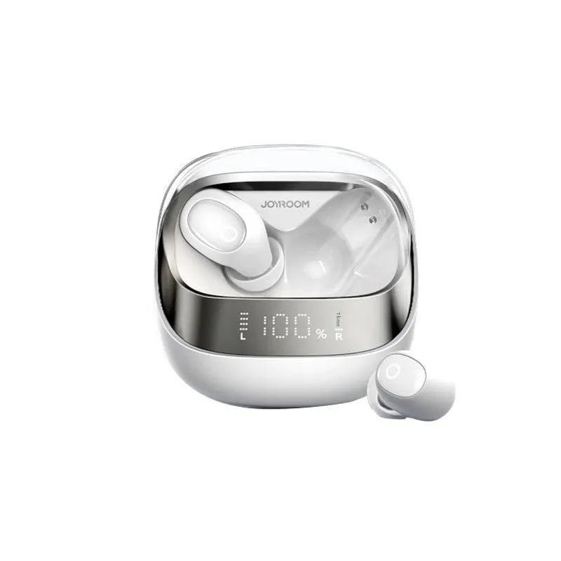 Wireless in-ear noise reduction headphones in beige, black, or purple with a matching charging case.
