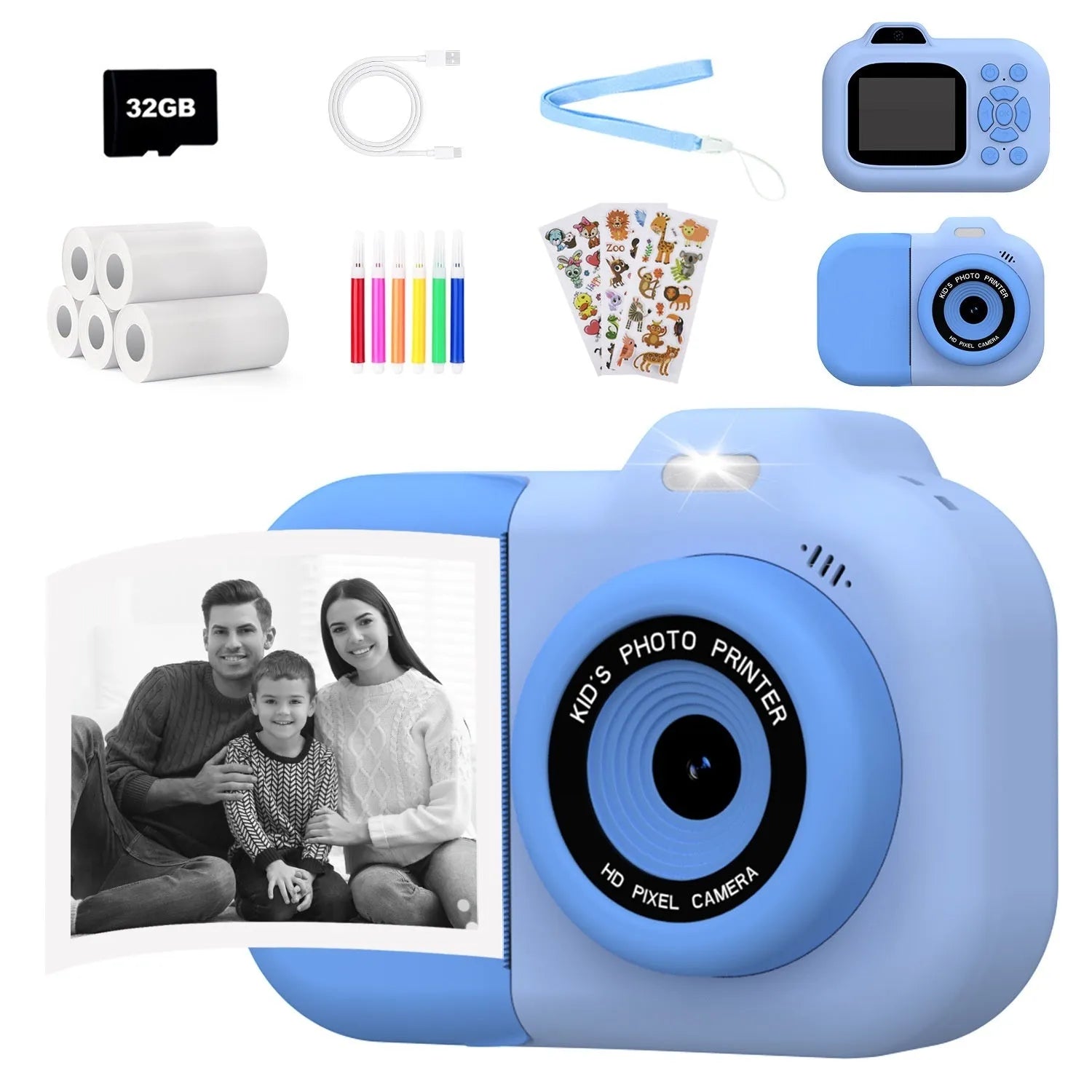 Children's multi-function camera toy in pink, blue, or purple plastic colours with video recording and gaming capabilities.