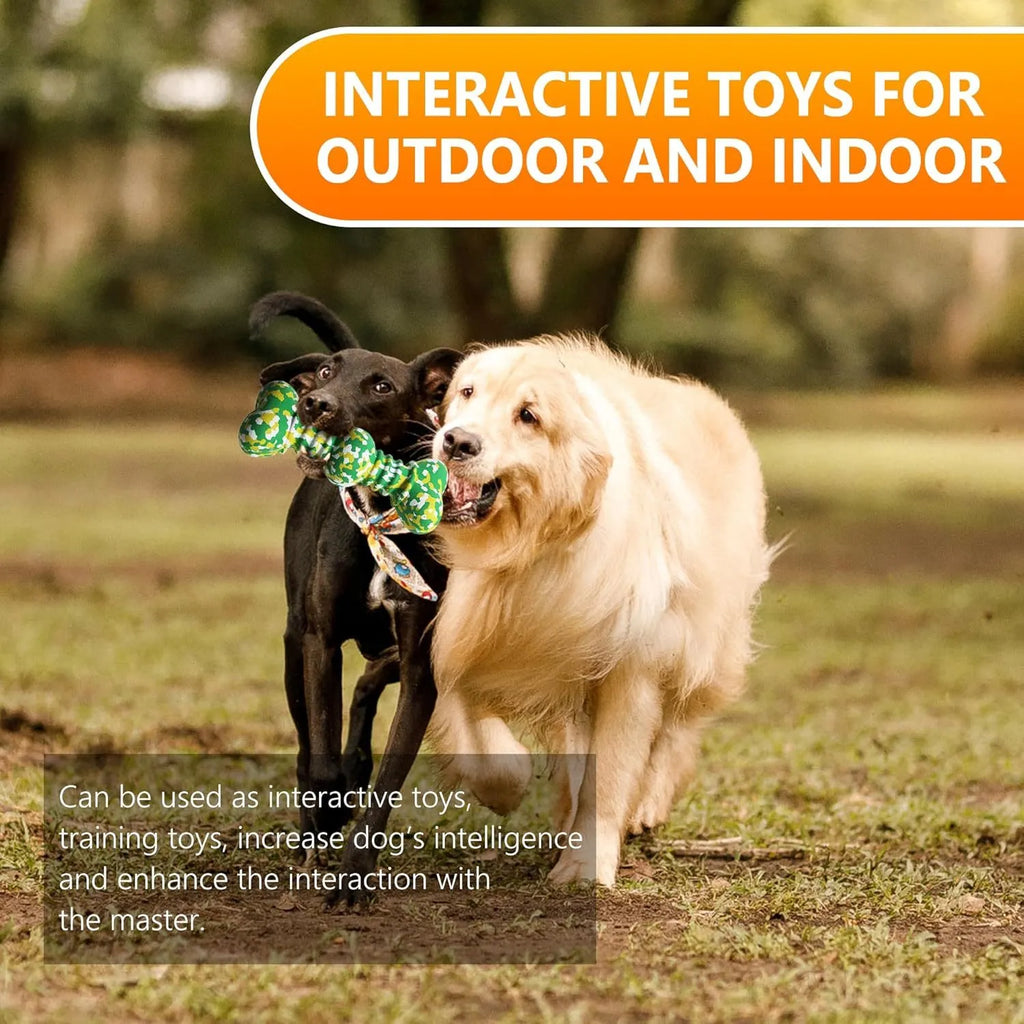 Green and white camouflage patterned natural rubber bone chew toy for dogs on a wooden floor.