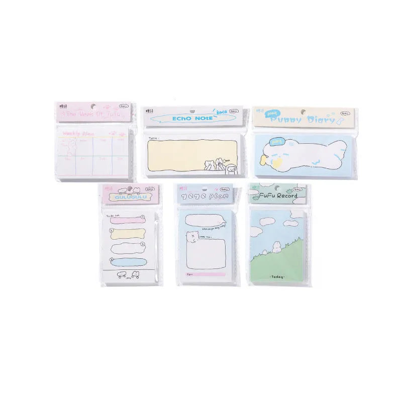 Heartbeat Delivery Series cartoon sticky notes notepad showing six style options including Echo Notes and Puppy Diary.