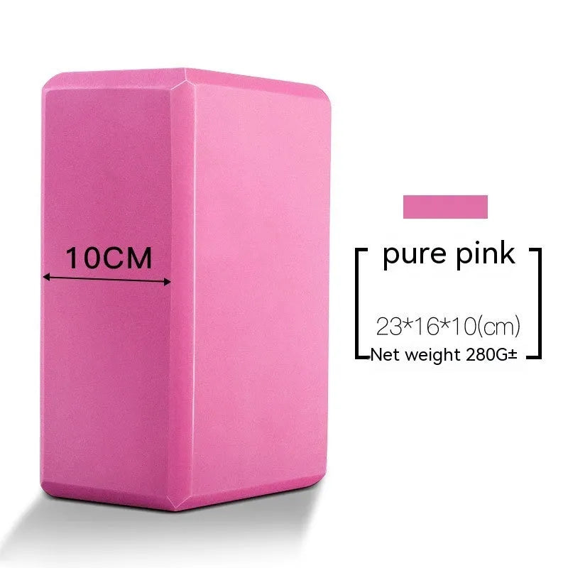 High-density EVA foam yoga block in assorted colours and prints, showing two thickness options for yoga and dance.