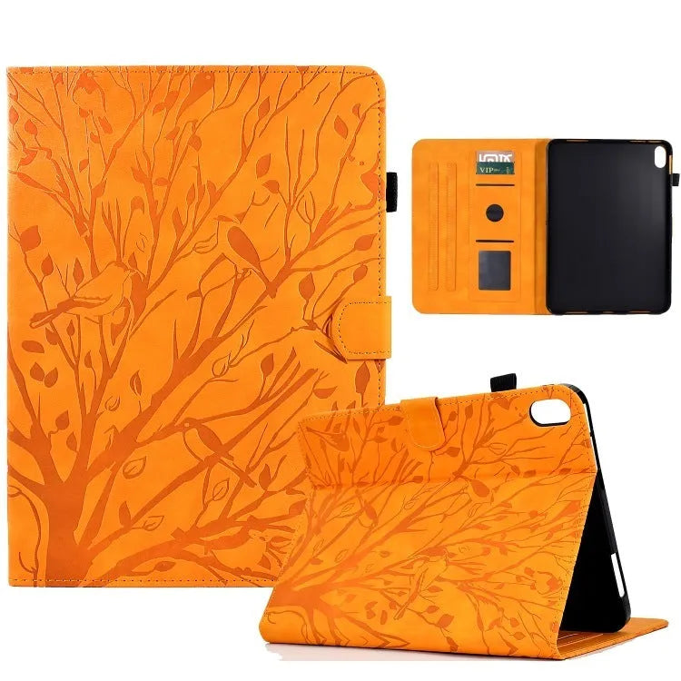 Imitation leather tablet protective case with integrated stand in black colour, shown next to a tablet.