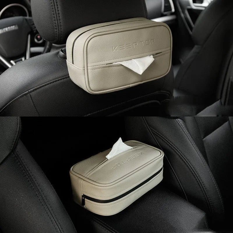 Black PU leather car hanging storage box with integrated paper bag holder