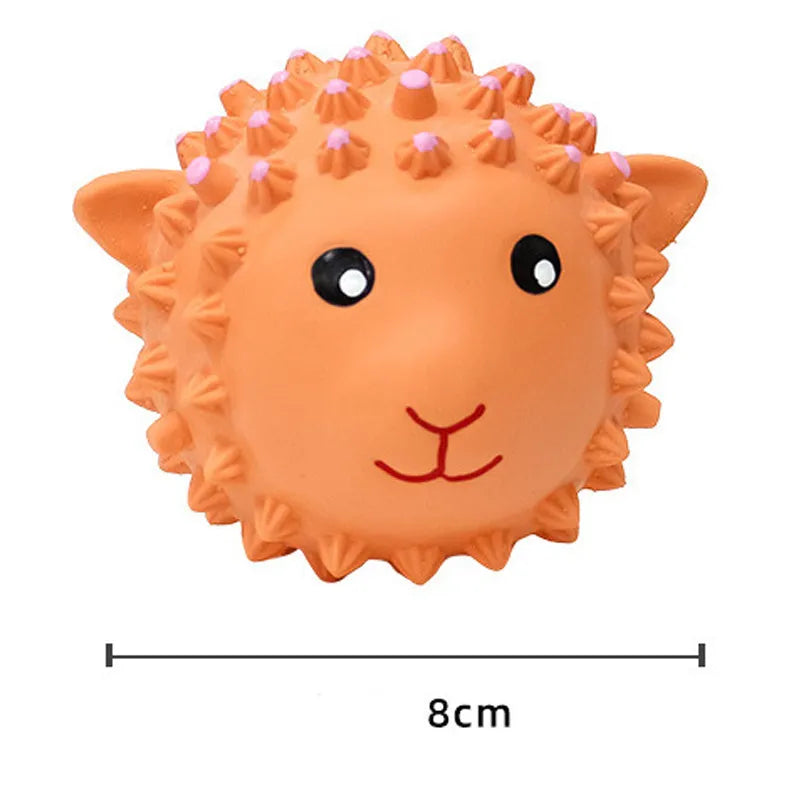 Orange and yellow latex squeaky dog toys with spiky surfaces shaped as lamb and monkey animals