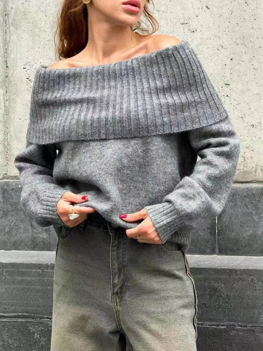 Gray off-the-shoulder strapless sweater with 3D pattern texture and regular sleeves
