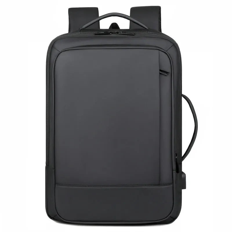 Black large capacity waterproof Oxford backpack with curved shoulder strap and hand carry handle.