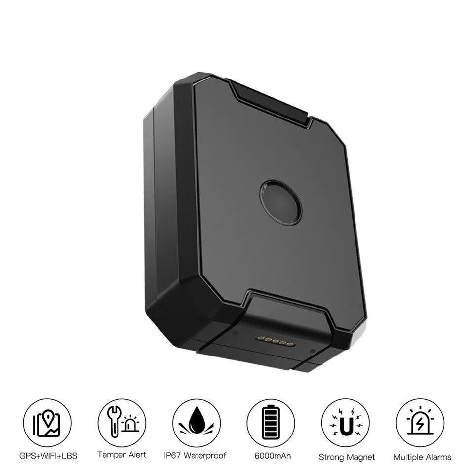 Black GPS car locator with 6000mAh battery capacity and IP65 waterproof rating