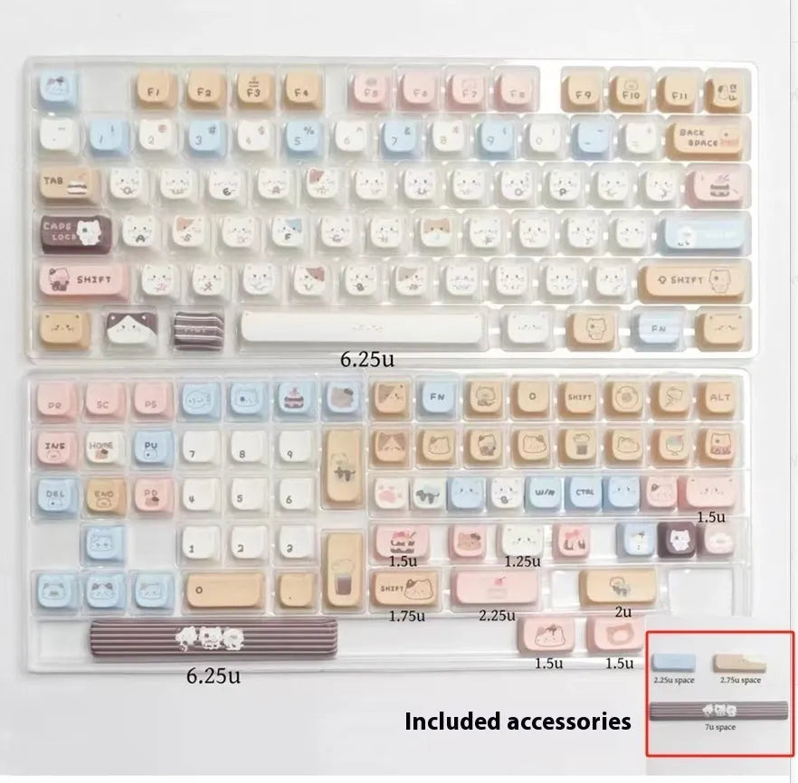 Sea Salt Cat themed PBT key cap set with March layout and 7u spacebar supplement for mechanical keyboards