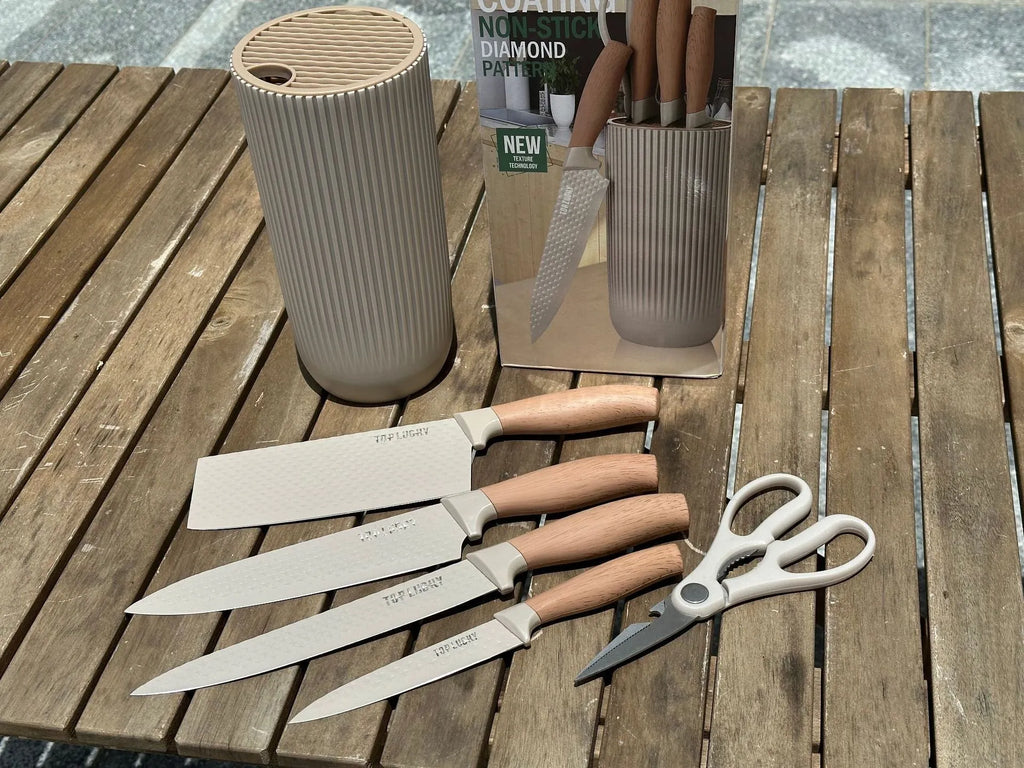 Five-piece kitchen knife set with khaki style wood grain handles and stainless steel non-stick blades