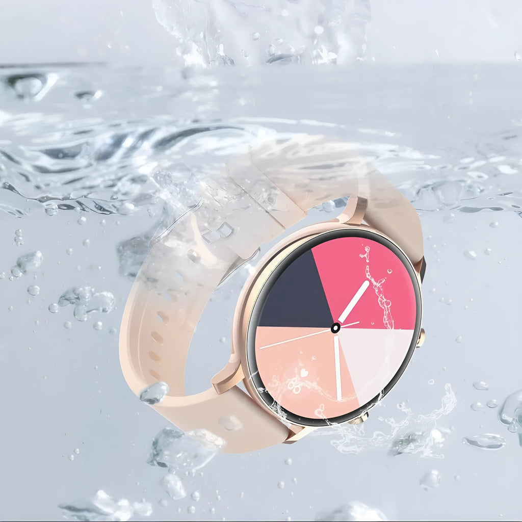 Bluetooth smartwatch with stainless steel strap showing call function and health metrics on screen.