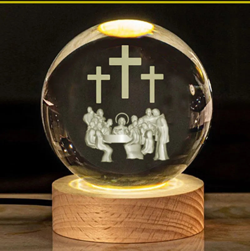 White crystal ball lamp with solid wood base and warm lighting in religious designs