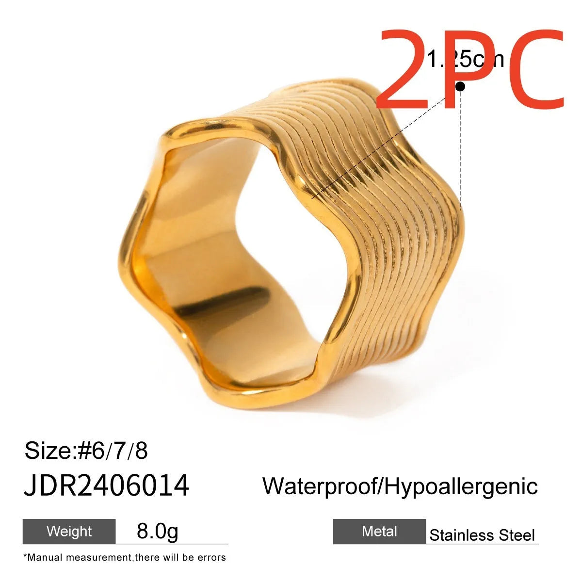 Stainless steel women's ring with a wide geometric wave surface design in a silver or gold finish.