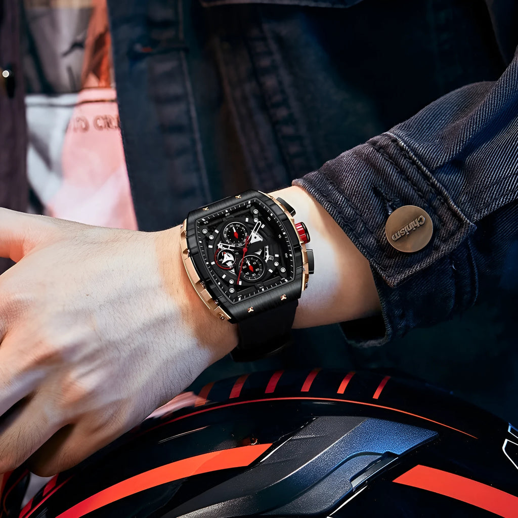 Men's curved mirror gradient hollow quartz watch with black dial and black silicone strap, showing barrel-shaped case