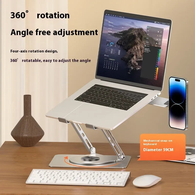 Silver carbon steel laptop stand with side-mounted rotatable magnetic phone holder