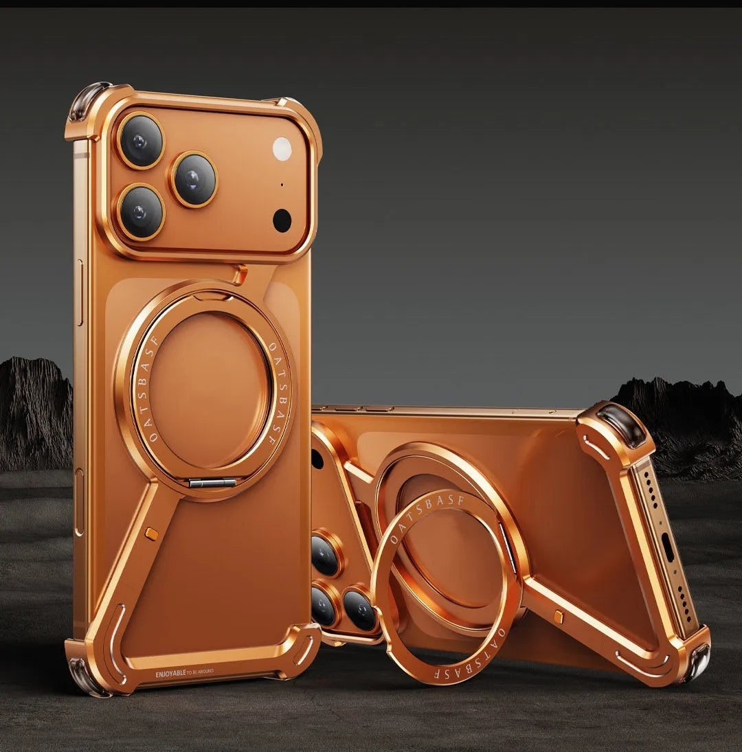 Black metal phone case for iPhone 17 Pro Max showing integrated magnetic bracket on the back.