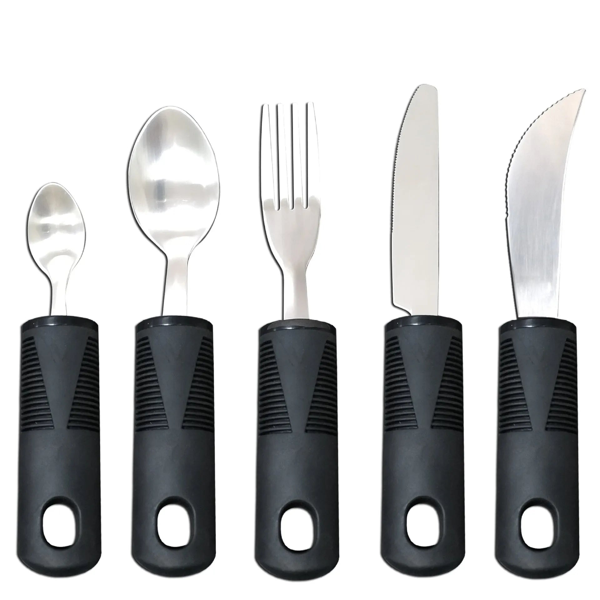 Stainless steel adaptive tableware with rubber handles in black and grey curved and straight designs