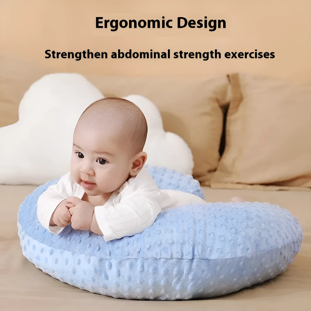 Nursing pillow with integrated spill barrier in a choice of pink, yellow, grey, or light blue colours.