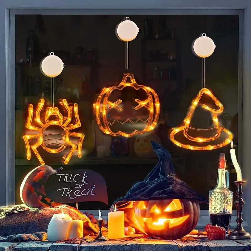 Halloween LED window hanging lights showing 7 horror characters including spider, pumpkin and ghost designs