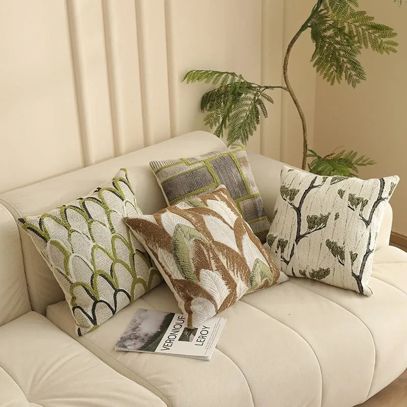 Square 45cm jacquard cushion cover with a detailed woven floral pattern in a retro Nordic style.