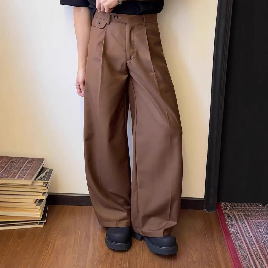 Men's straight-leg casual trousers with loose wide-leg fit in polyester blend fabric