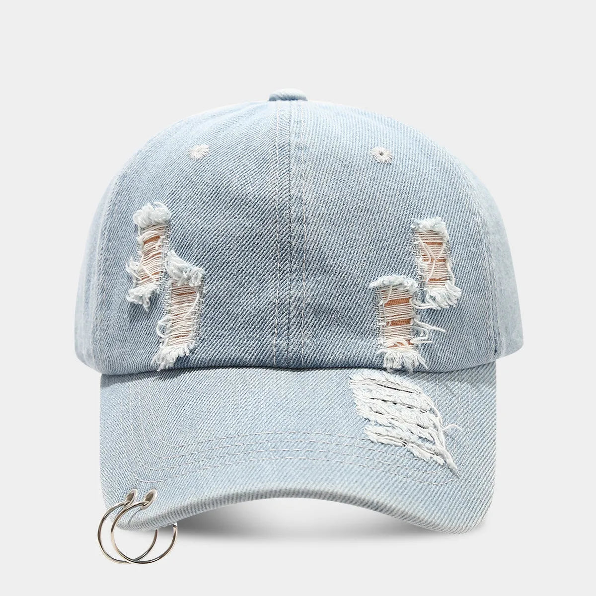 Men's black denim peaked cap with a dome crown on an adjustable strap.