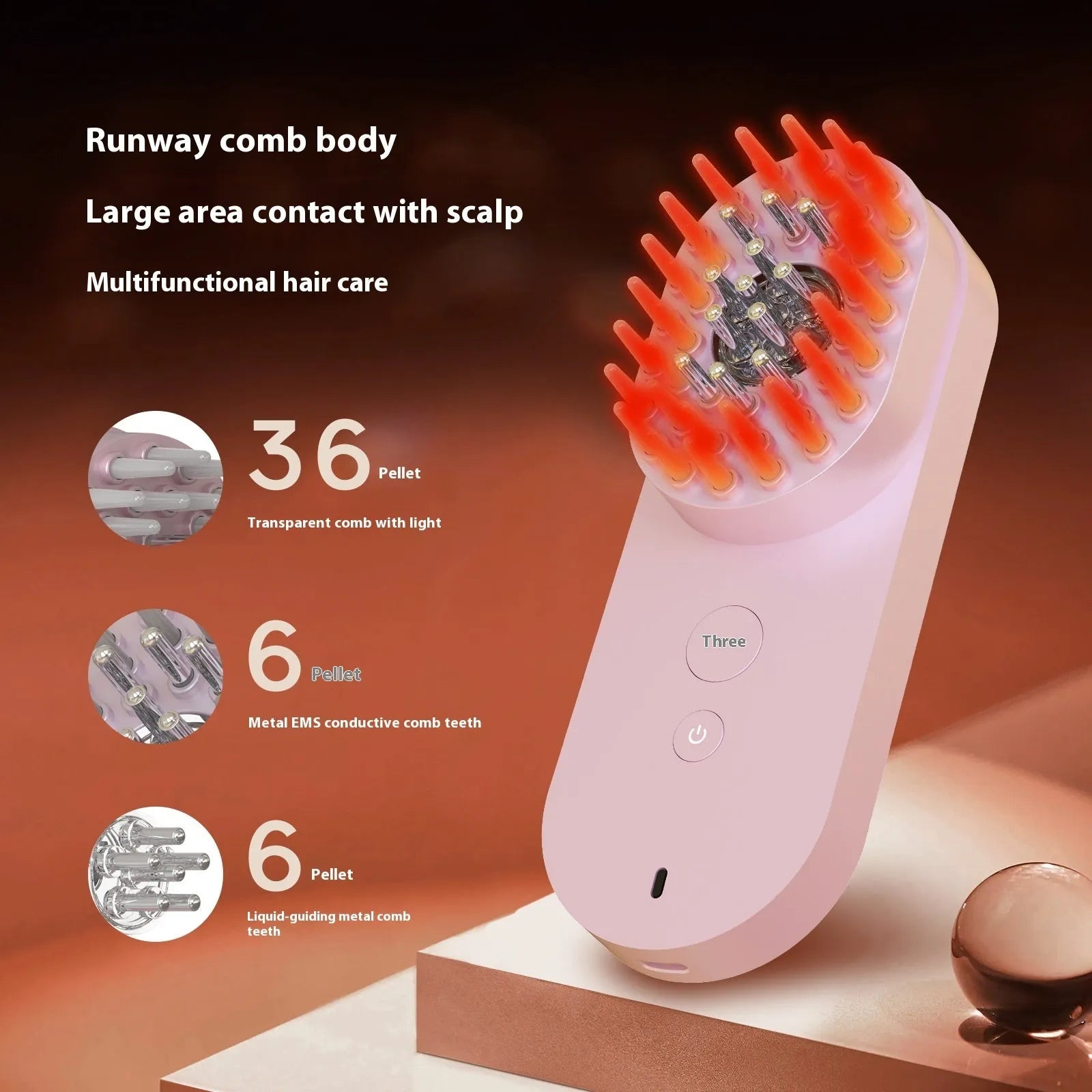 Pink and black smart massage comb with red light therapy for head care, less than 10cm long