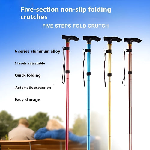 Aluminum folding walking cane extended to show adjustable shaft and rubber tip
