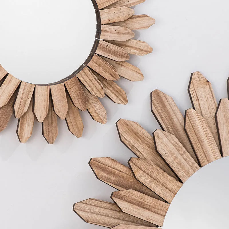 European-style solid wood hanging circular mirror with baked colour finish on wall