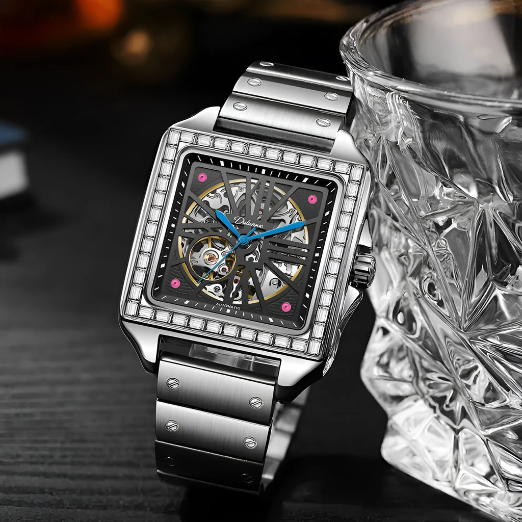Men's square automatic watch with diamond-studded case on steel belt strap