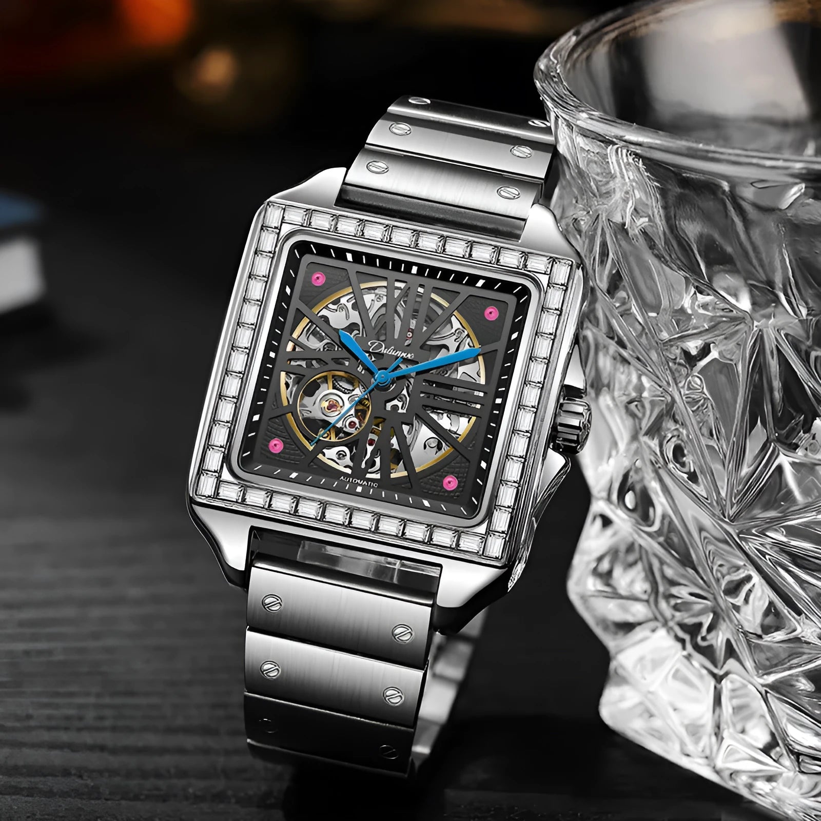 Men's square automatic watch with diamond-studded case on steel belt strap