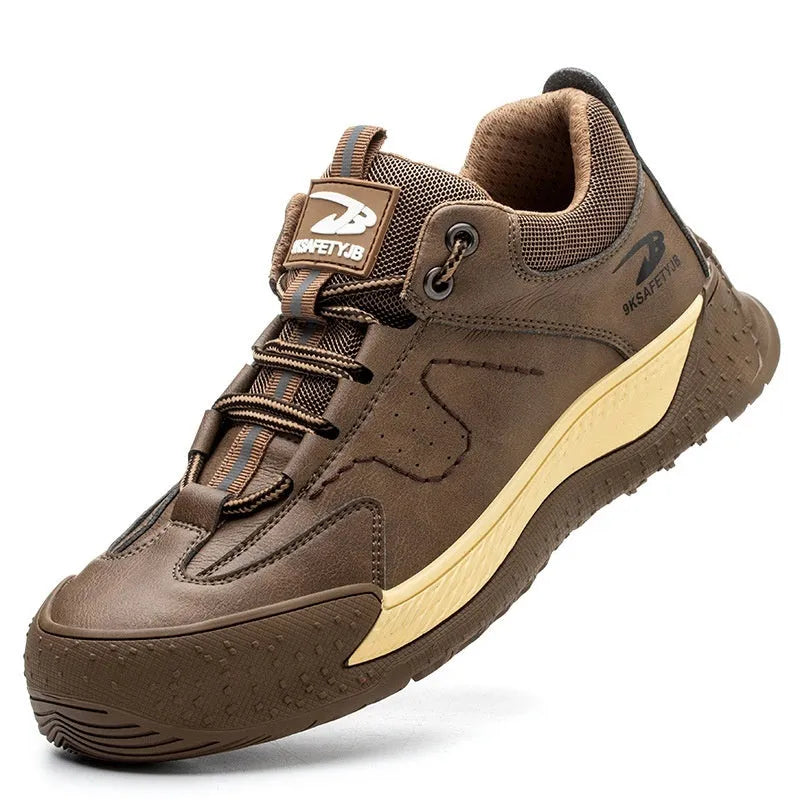 Work shoes with Flyknit construction, leather upper, and rubber sole available in multiple colours and sizes