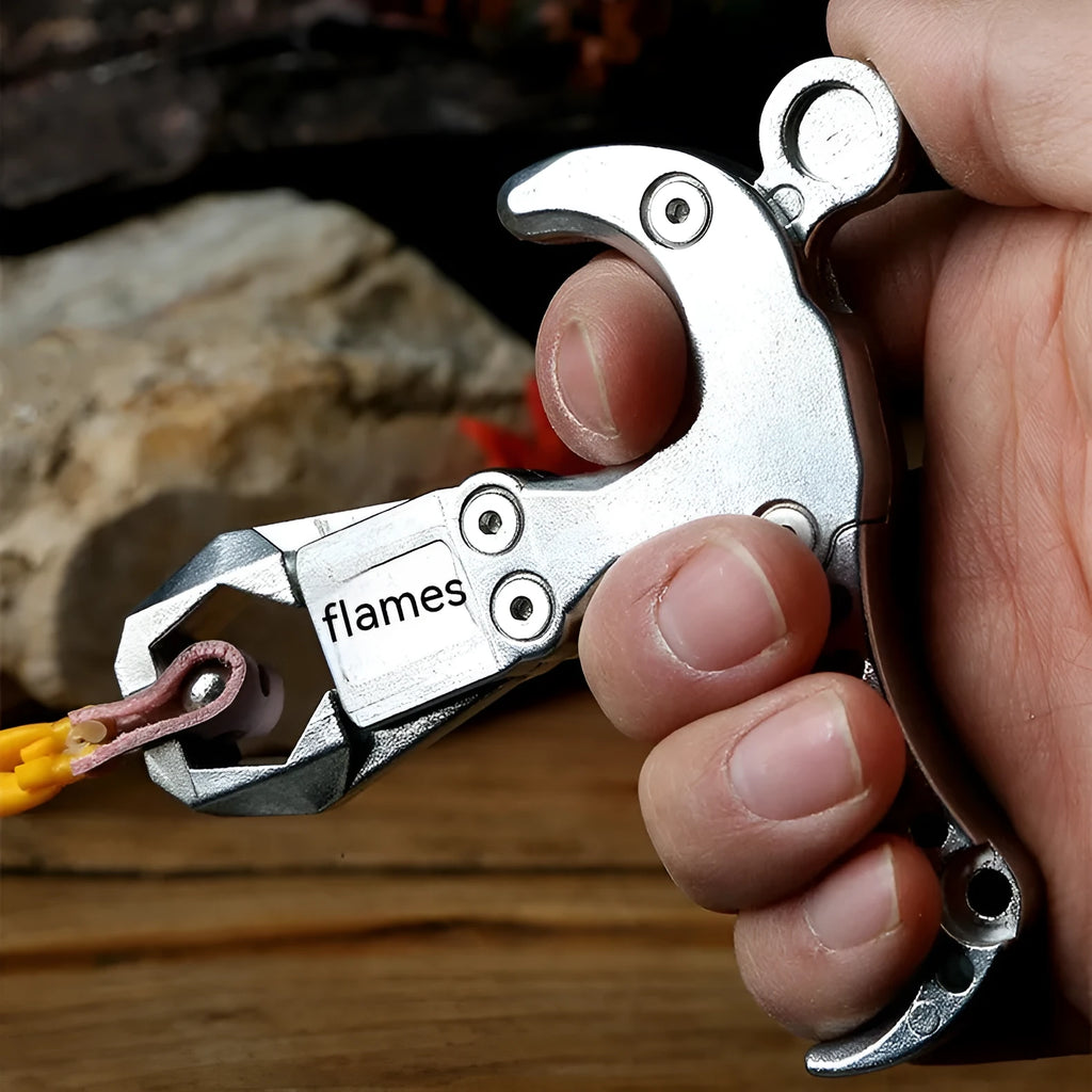 Zinc alloy archery release aid with a two-axis harpoon clip mechanism and stainless steel component.