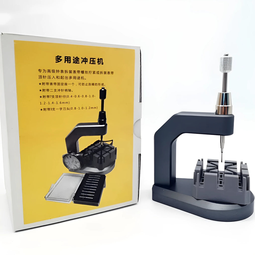 Silver tool steel press strap removal tool with blades for 0.50mm to 1.60mm spring bars.