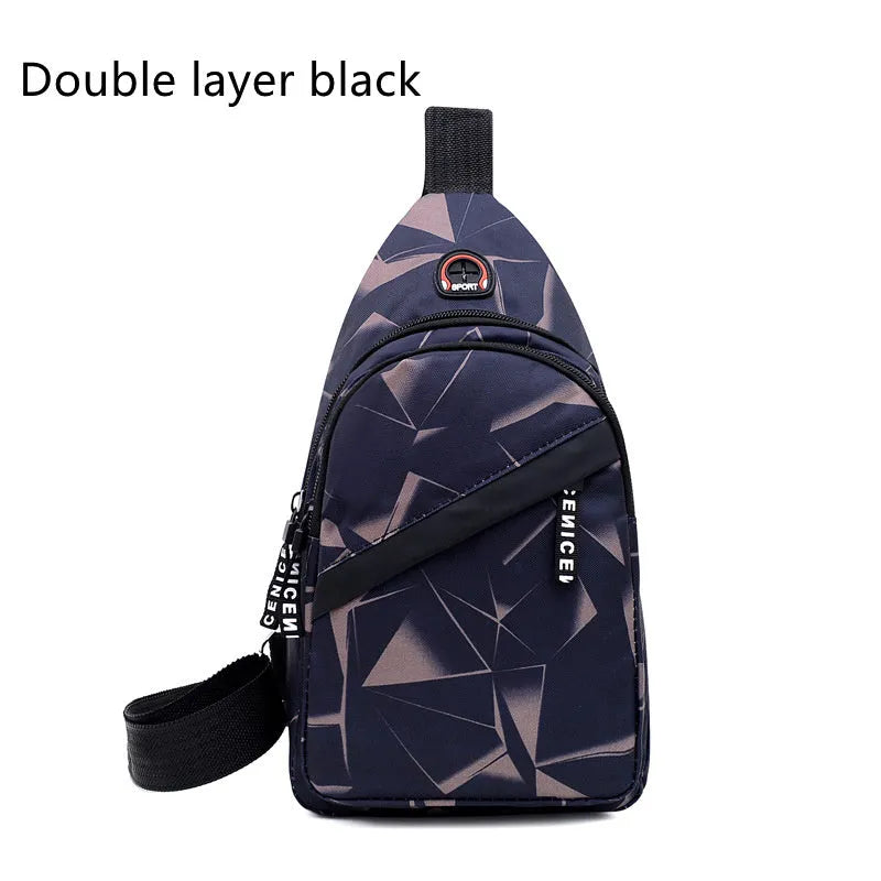 Men's Oxford cloth crossbody chest bag with earphone hole, showing zipper closure and vertical messenger style