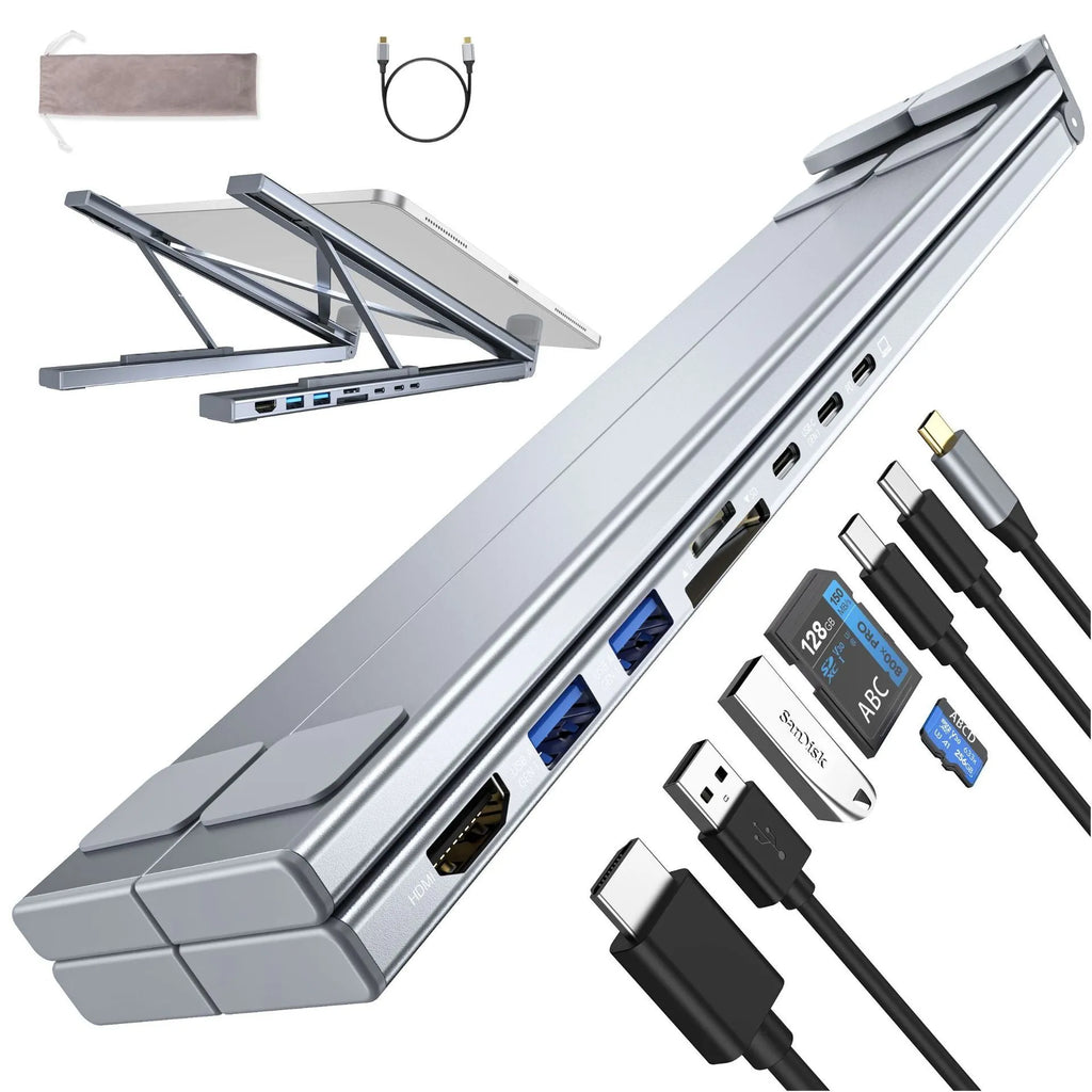 Aluminium folding laptop docking station with eight-port hub including HDMI interface