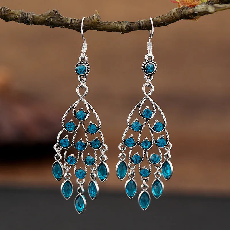 Retro crystal long fringe earrings in drop shape with smart water drop purple colour