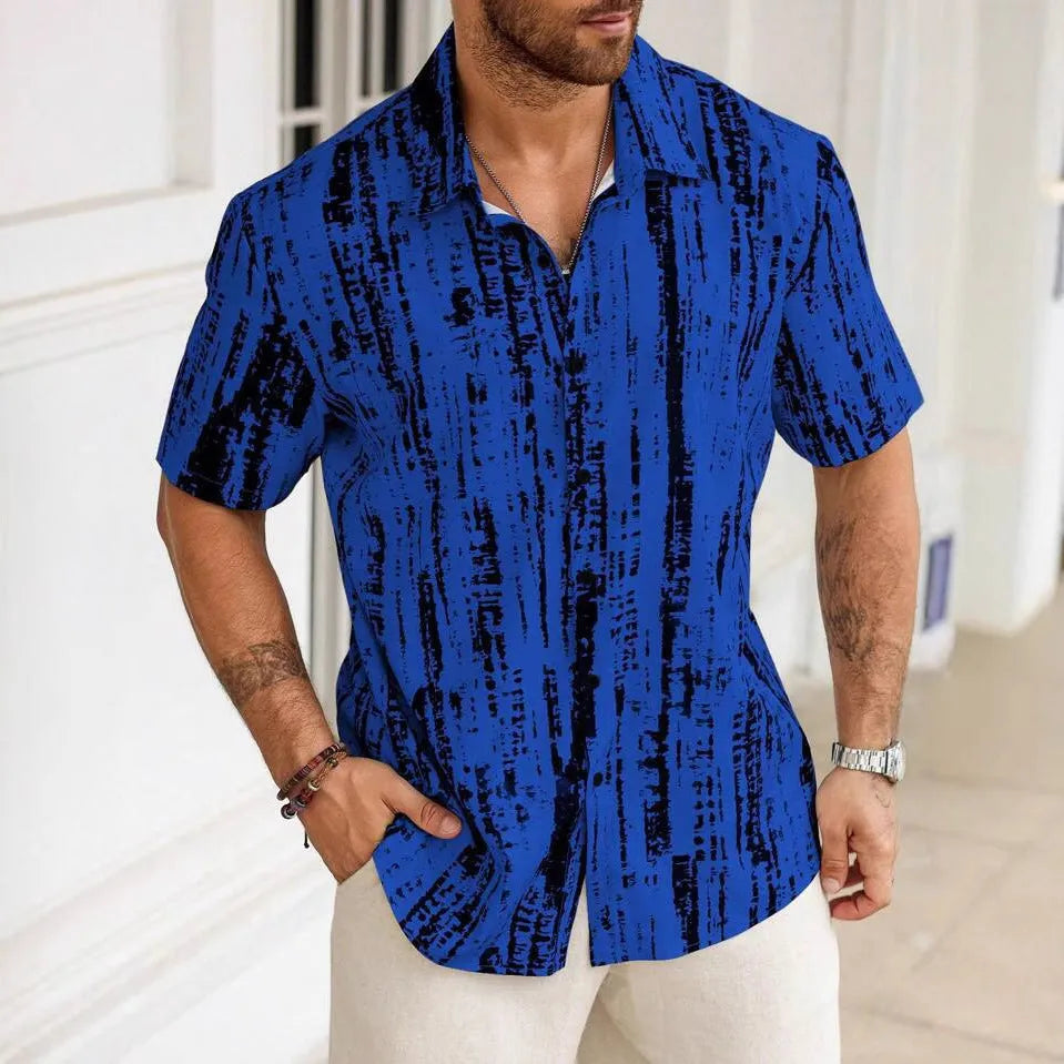 Man wearing a short sleeve striped casual shirt in a blue colour with a 3D printed pattern.