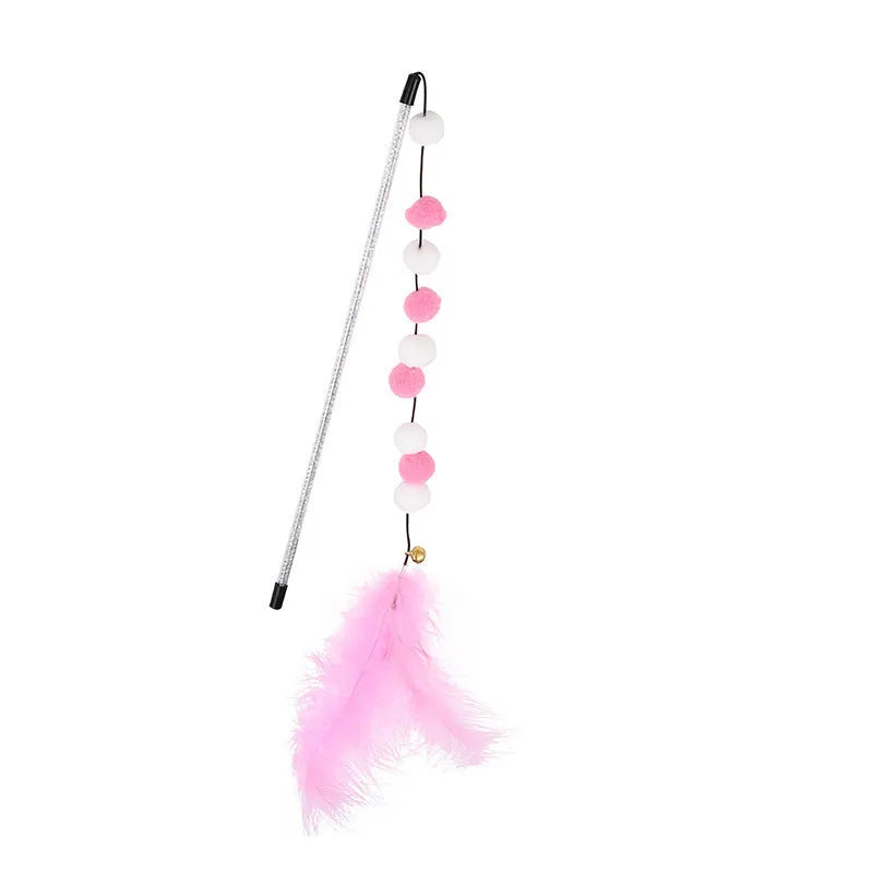 Colourful cat teaser toy rod with bell, feathers and pompons on 31cm stick