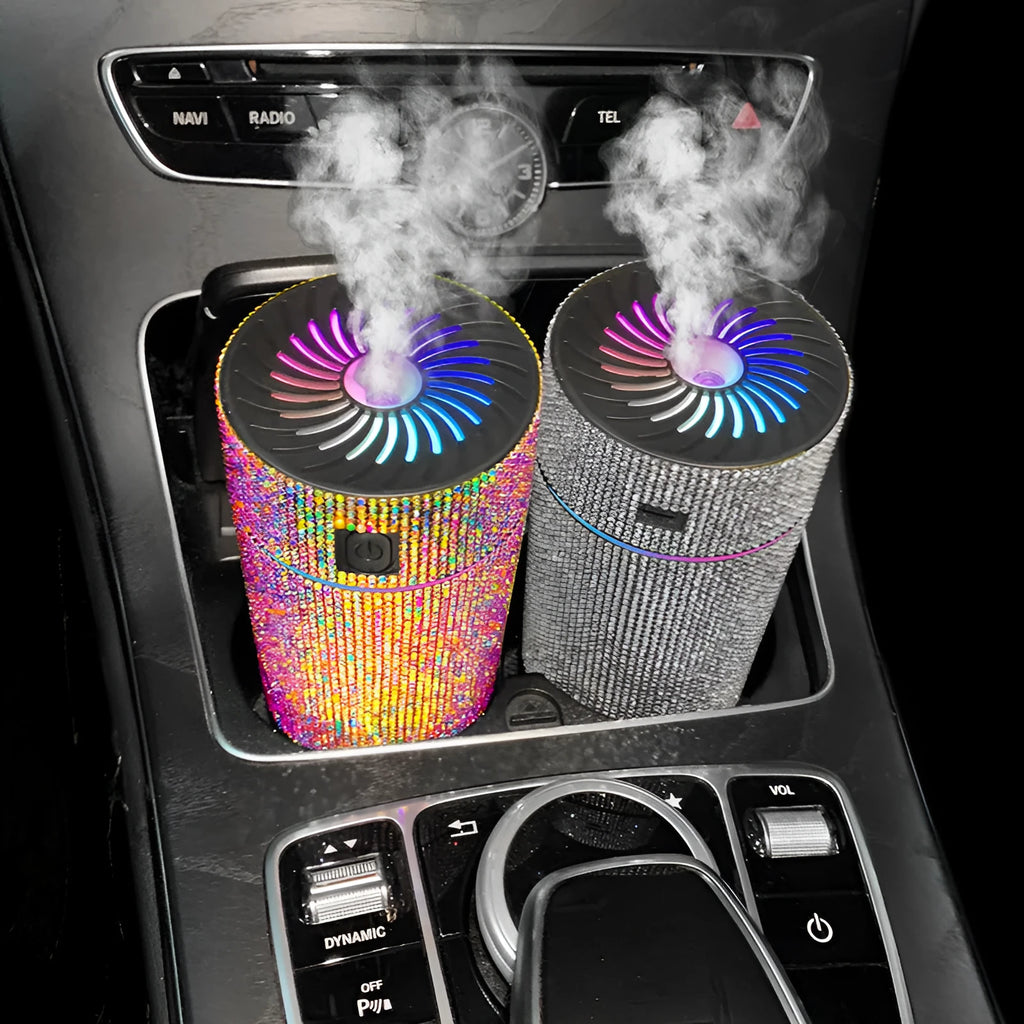 Car USB air humidifier in diamond finish colours on vehicle dashboard