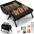 Small folding desktop charcoal barbecue grill with smoking device and metal cooking grill