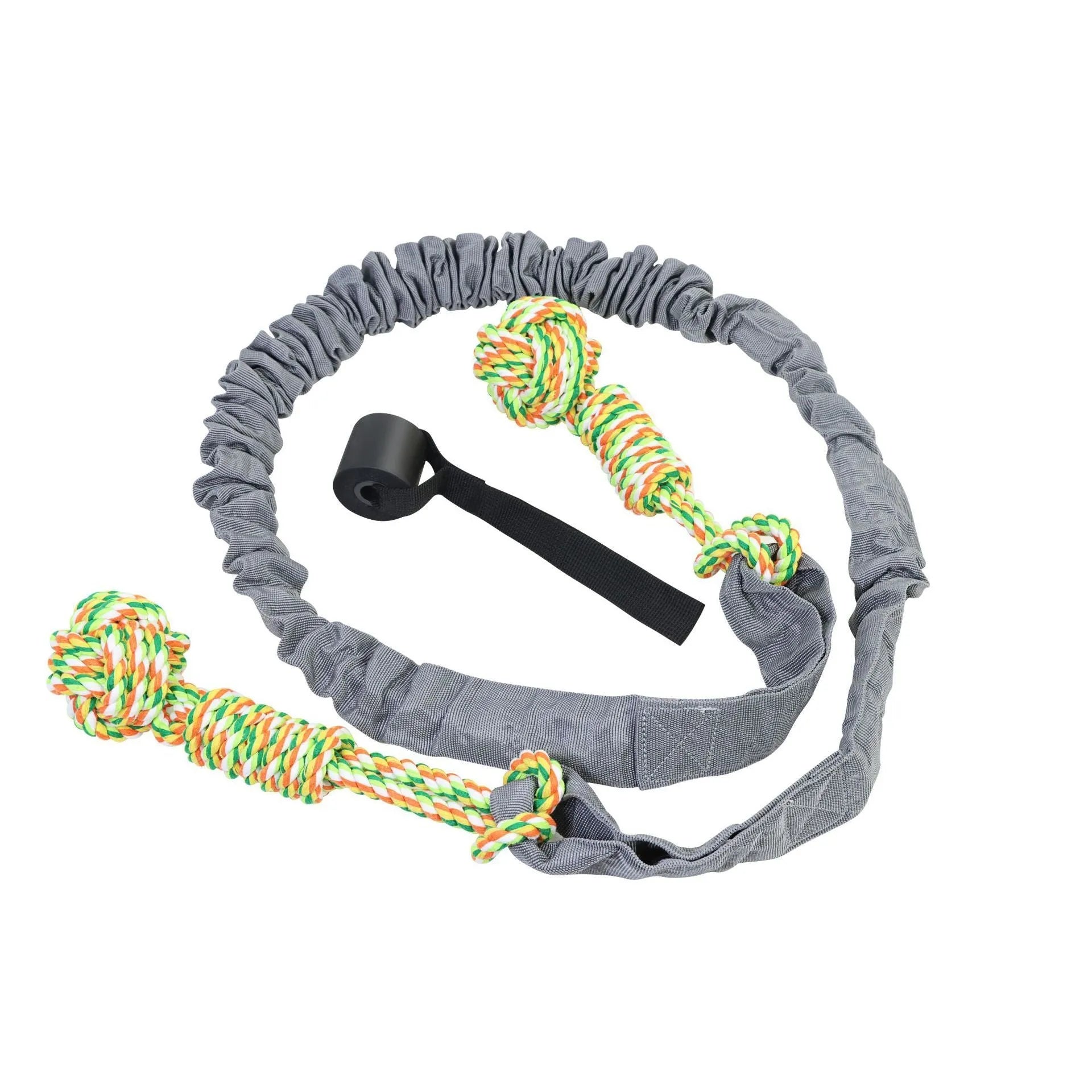 Cotton rope dog tug toy with knotted ends in black, grey or red colours