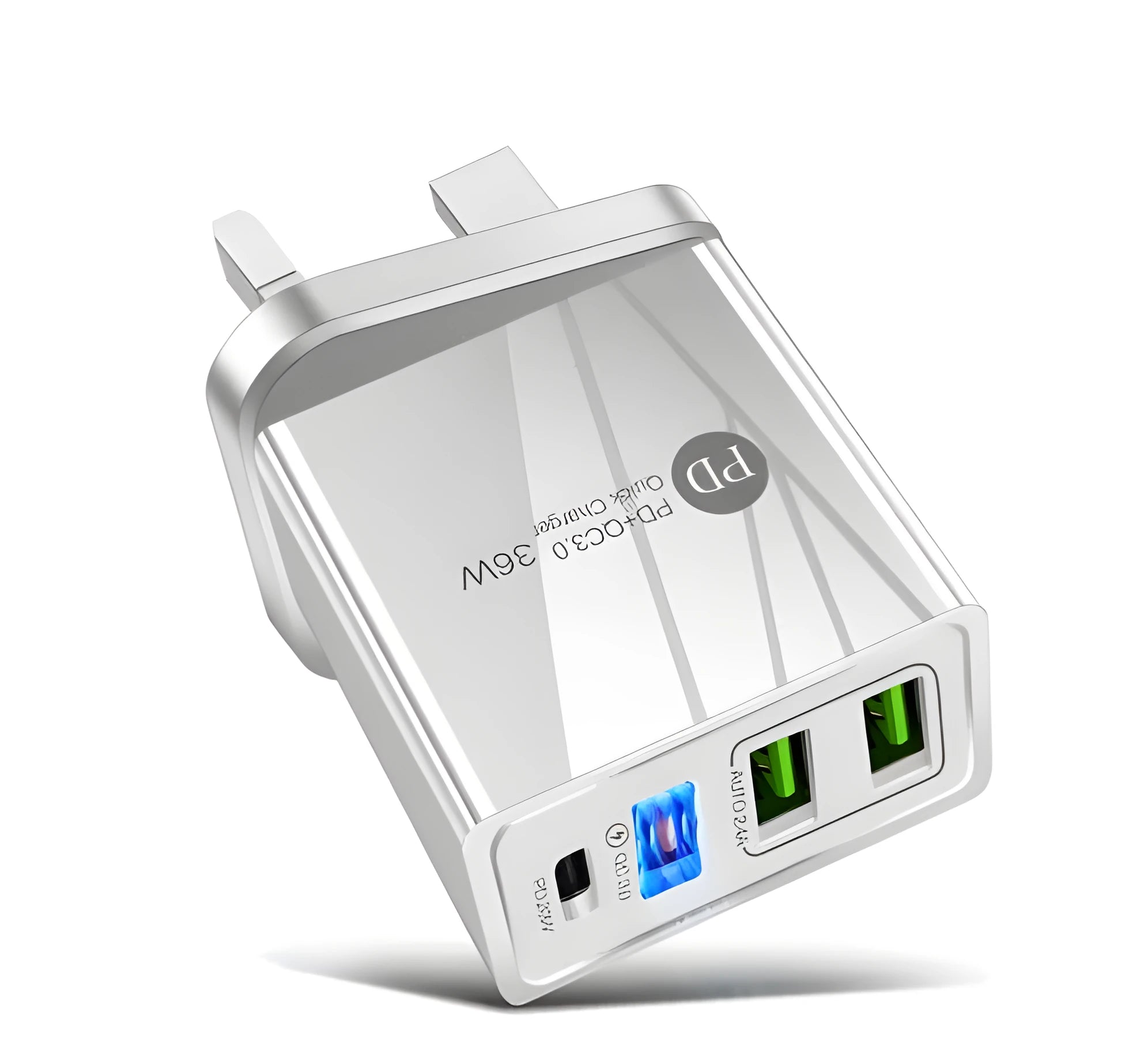 Dual USB fast charge travel charger with PD and interchangeable UK EU US plugs in black