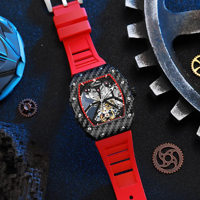 Mechanical waterproof men's watch with luminous hands, black face and rubber strap