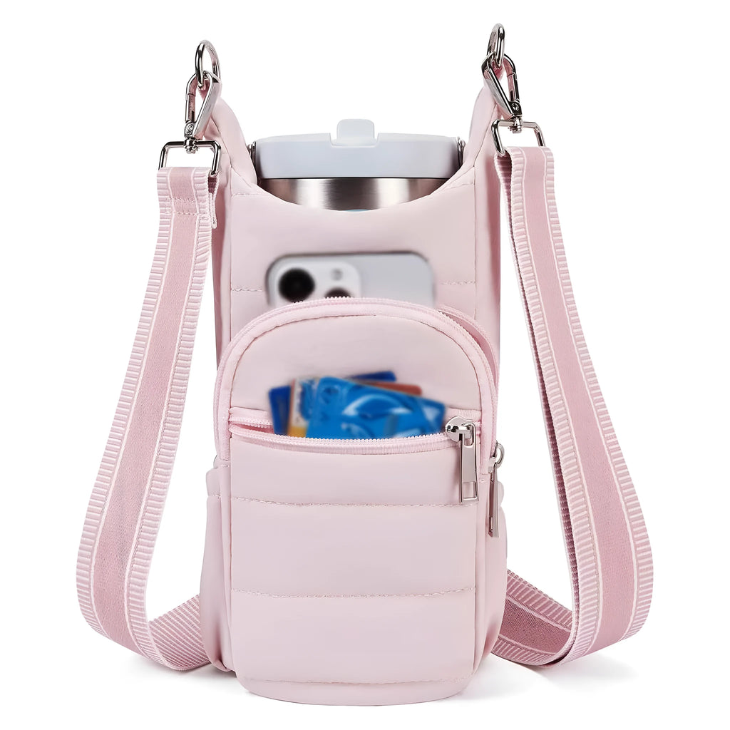 Water bottle kettle bag designed for bicycle mounting in black, pink, or beige cloth construction