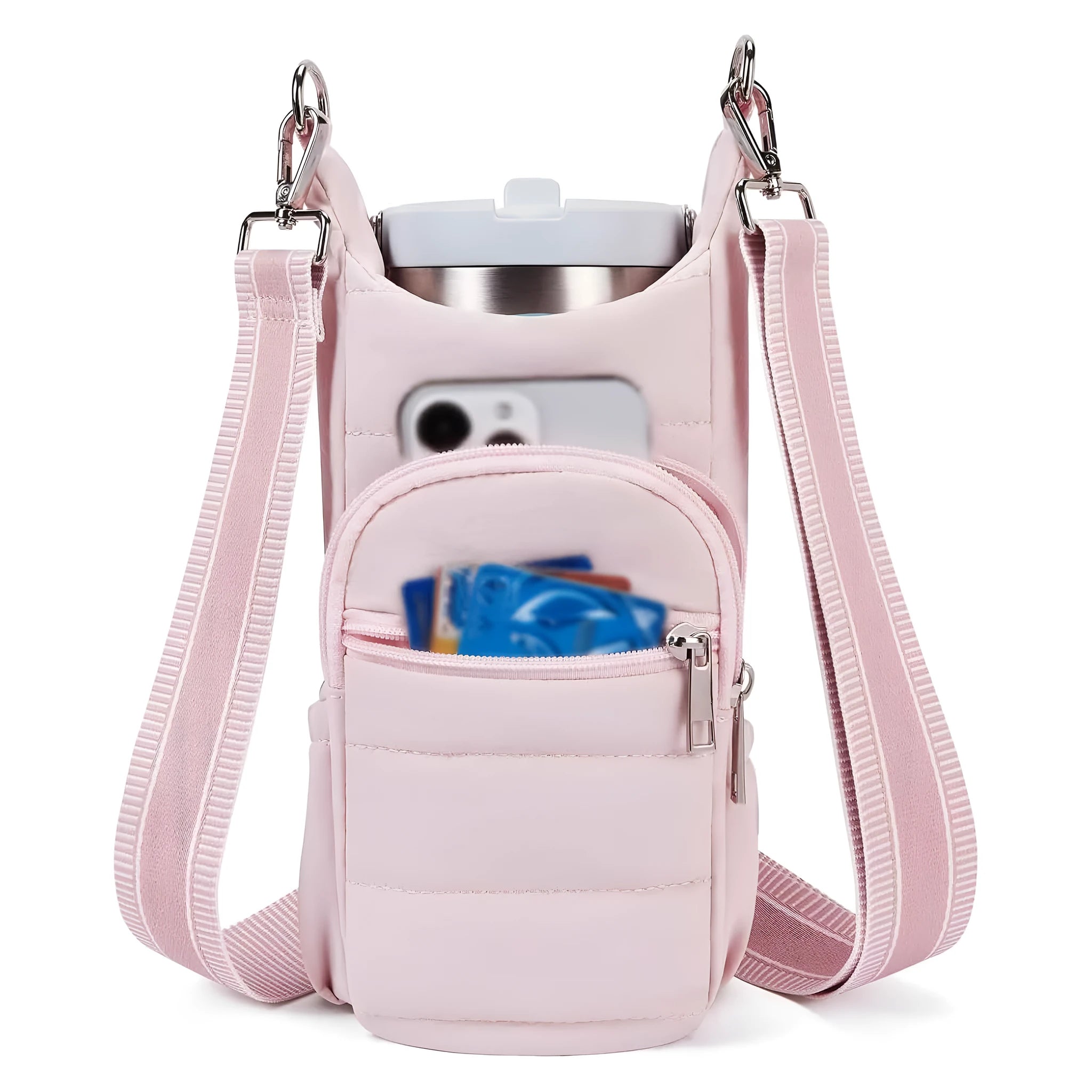 Water bottle kettle bag designed for bicycle mounting in black, pink, or beige cloth construction