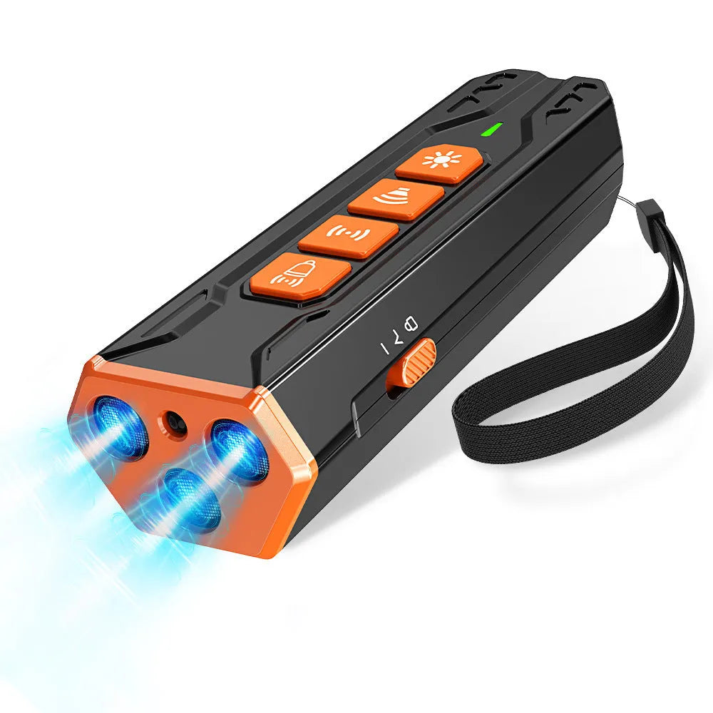Three head ultrasonic dog trainer in black and orange colour with adjustable frequency controls