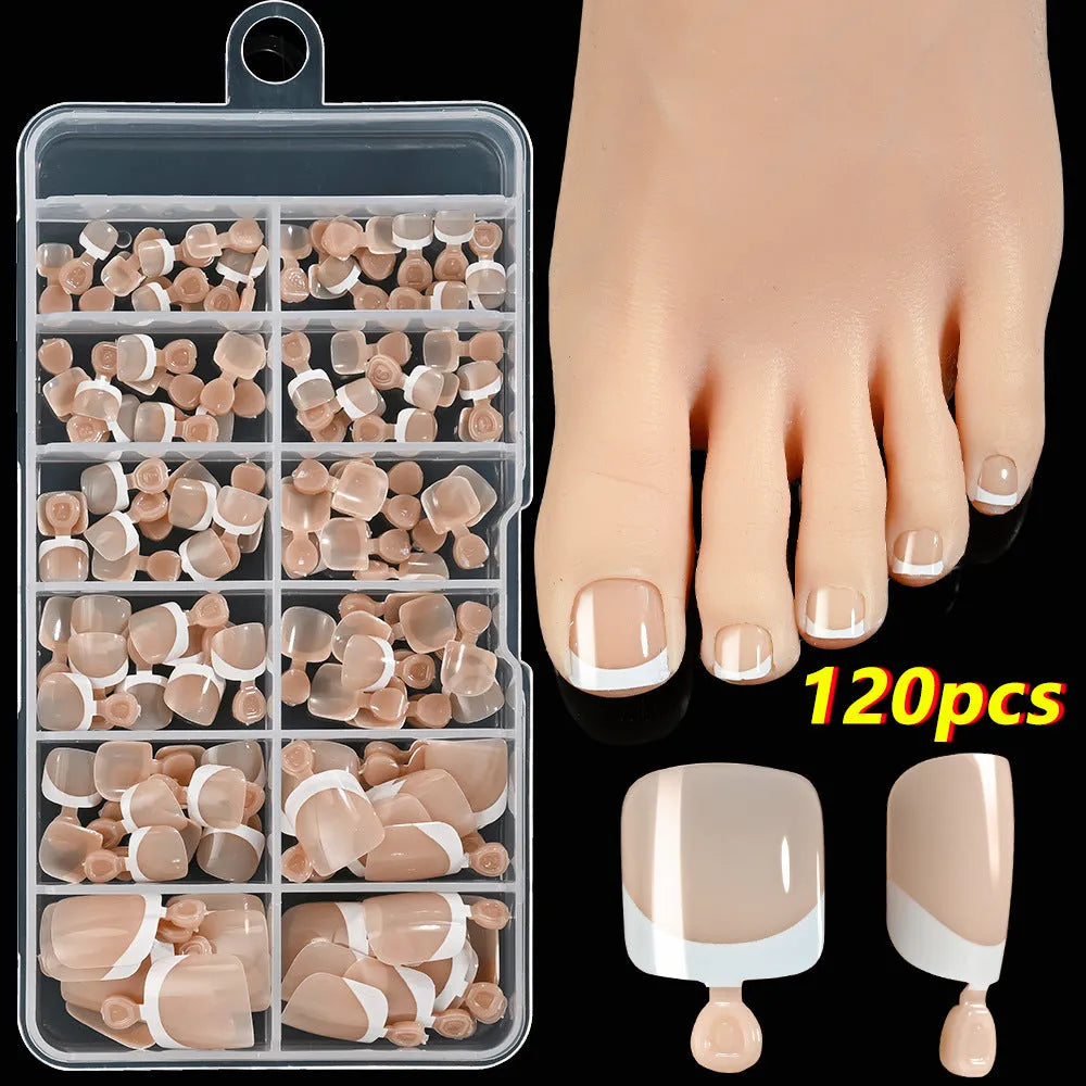 Box of 120 French white edge full square short nude toe nail tips on a white background.