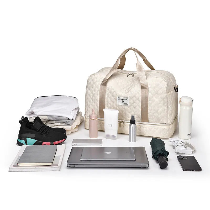 Oxford cloth large capacity travel bag in khaki colour with 36-55 litre storage for leisure trips