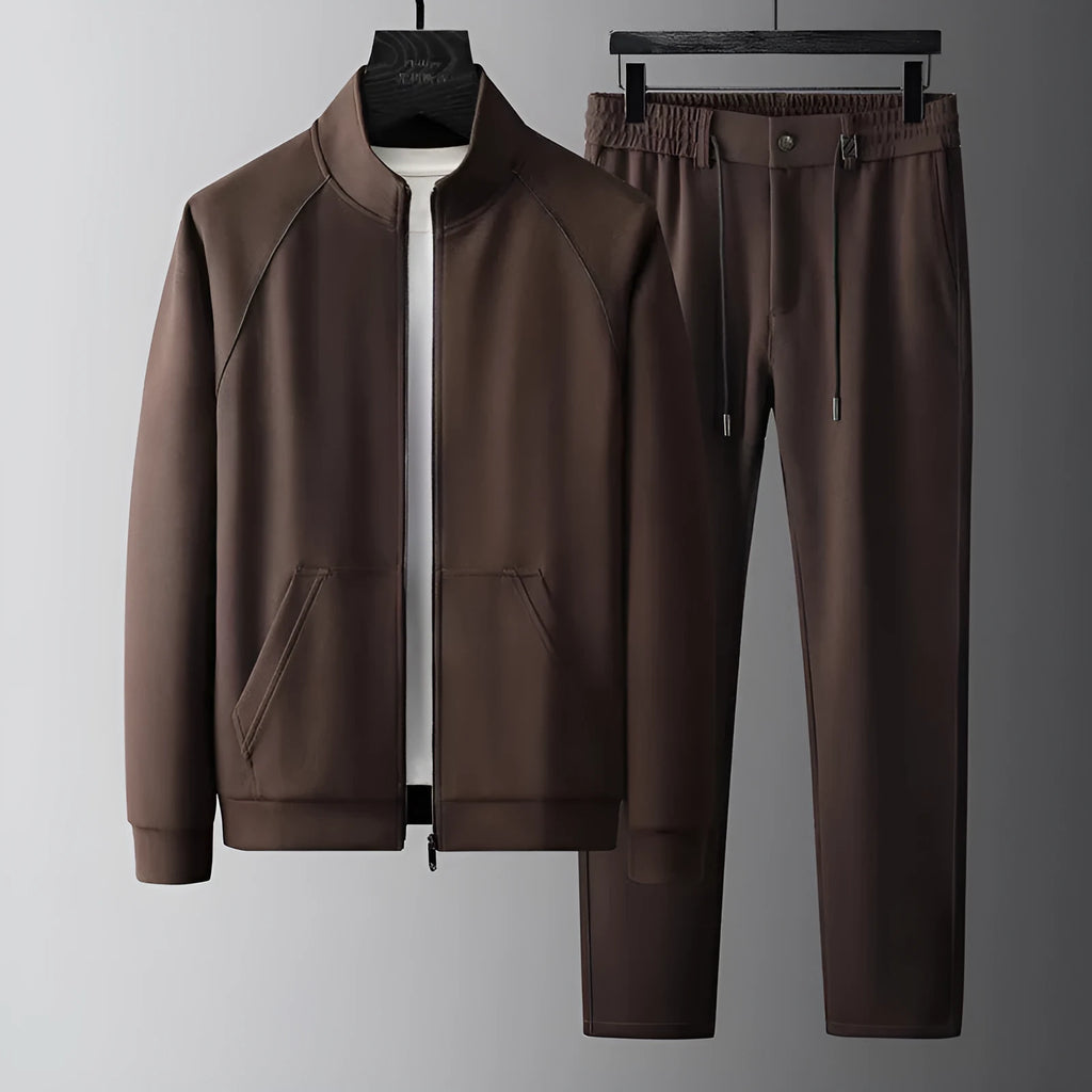 Men's slim fit stand collar casual sports suit jacket and trousers in Vinylon fabric